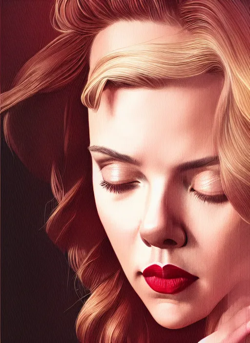 Image similar to twin peaks movie poster art, portrait of scarlett johansson, from scene from twin peaks, clean, simple illustration, nostalgic, domestic, highly detailed, digital painting, artstation, concept art, smooth, sharp focus, illustration, artgerm, donato giancola, joseph christian leyendecker, wlop