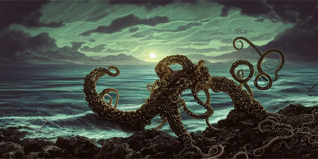 Image similar to landscape view on an old fishing village at night, a tentacled creature emerging from the ocean on the right, night colors, high - key lighting, beautiful composition, intricate, gradient from green to black, pro photography by, highly detailed, digital painting, art by artgerm and greg rutkowski and alphonse mucha, smooth, sharp focus illustration