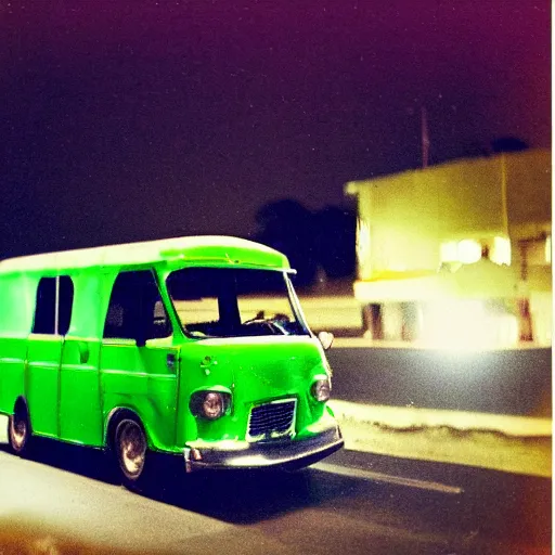 Image similar to an ice cream truck driving on the road at night with green headlights, Film Washi 'W', old photo