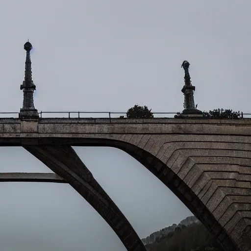 Image similar to a obelisk on a bridge in france. overcast sky, grainy.