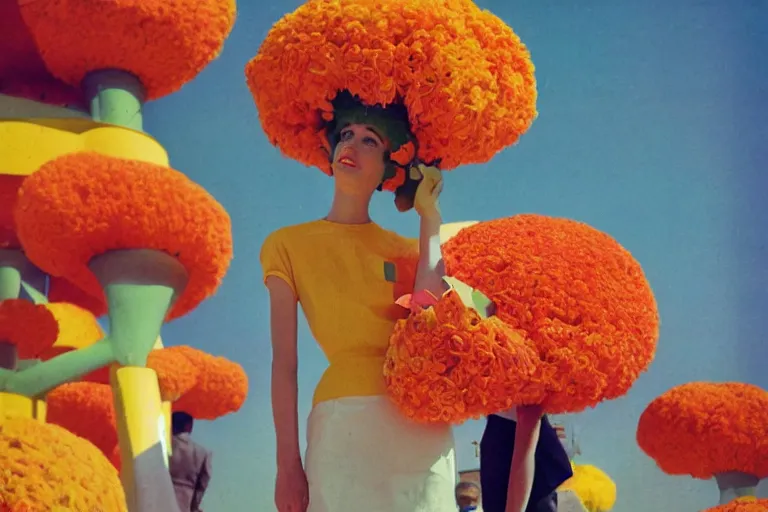 Image similar to giant flower head, girl standing, 1 9 6 0 s architecture, surreal photography, symmetry, mid century, liminal space, bright colours, wes anderson