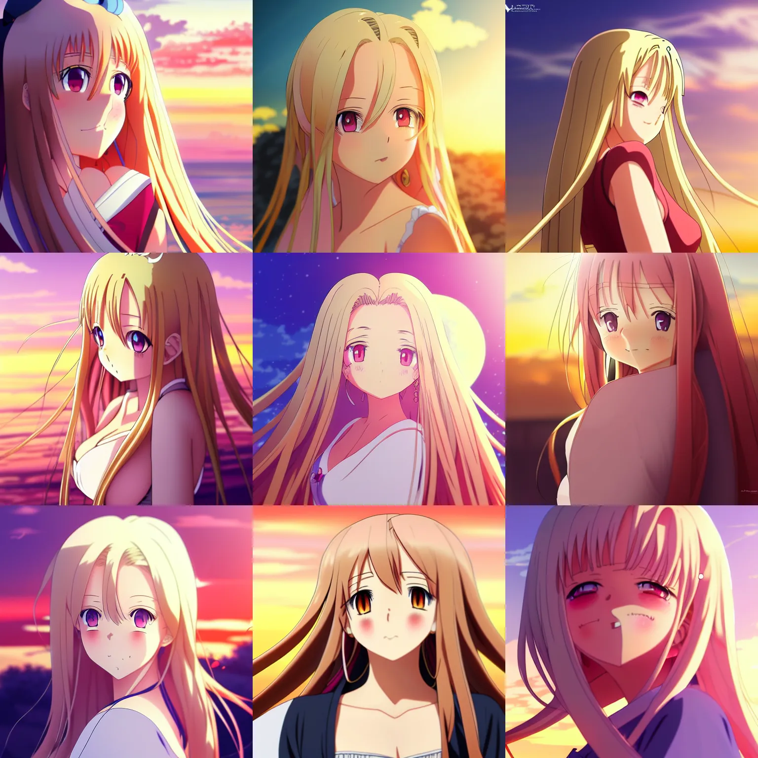 Prompt: anime art, anime key visual of elegant angelawhite, long blonde hair and large eyes closed smile, happy, finely detailed perfect face, at sunset, golden hour sunset lighting, background blur bokeh!!, trending on pixiv fanbox, studio ghibli, extremely high quality artwork