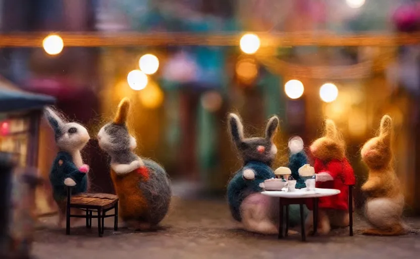 Image similar to miniature cafe diorama macro photography, cafe with felted bunnies on a date, alleyway, ambient, atmospheric, british, cozy, bokeh, romantic, colorful lanterns