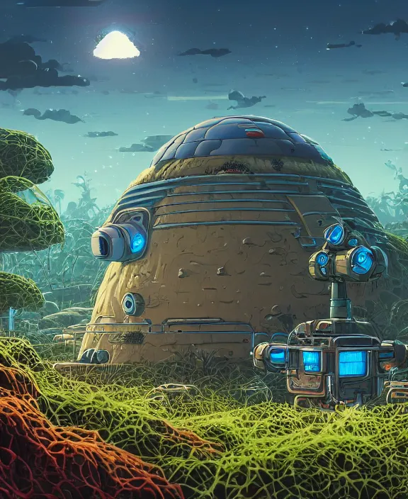 Prompt: a simple bunker made out of exotic fungus, overgrown with weird fungus and slime, spaceship, sci - fi, robots, noon, sun drenched, partly cloudy, by dan mumford, yusuke murata, makoto shinkai, ross tran, cinematic, unreal engine, cel shaded, featured on artstation, pixiv