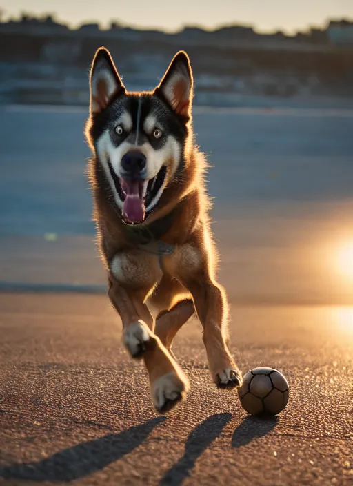 Prompt: a playful brown husky wearing a bandana, playing soccer at the beach, Golden hour, bokeh, 4k photo,