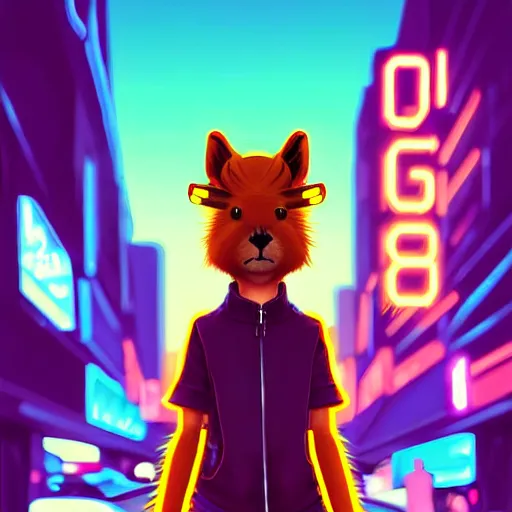 Image similar to beautiful furry digital art portrait commission of an androgynous furry anthro capybara fursona wearing punk clothes in the streets of a cyberpunk city. neon signs. character design by charlie bowater, ross tran, artgerm, and makoto shinkai