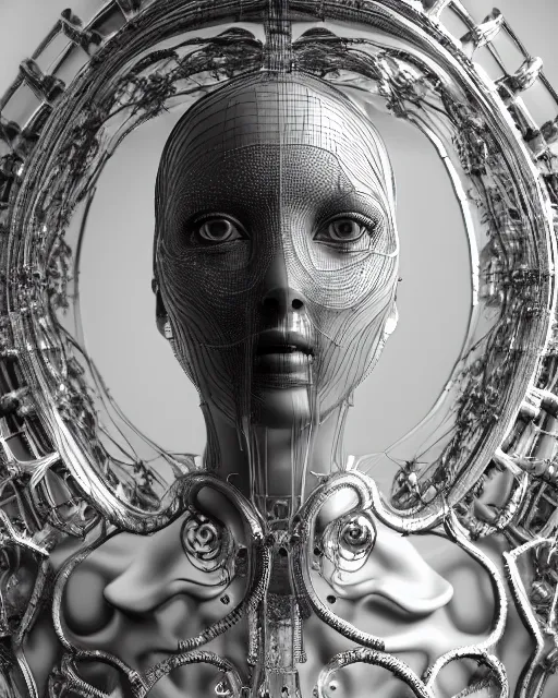 Prompt: mythical dreamy black and white organic translucent bio-mechanical spinal ribbed profile face portrait detail of steampunk mechanical beautiful female angelic-human-queen-realistic-cyborg, highly detailed, intricate crystal jelly ornate, poetic, 3D render, digital art, octane render, 8K artistic photography, photo-realistic, by Dora Maar