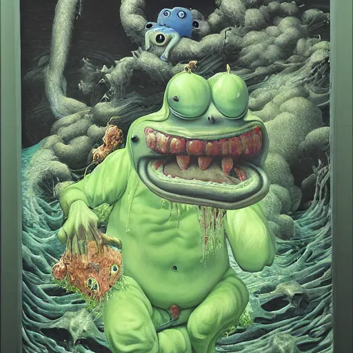 Prompt: a hyperrealistic painting of spooky pepe the frog abducted by portals and aliens in backrooms, random cows, cinematic horror by chris cunningham, lisa frank, richard corben, highly detailed, vivid color, beksinski painting, part by adrian ghenie and gerhard richter. art by takato yamamoto. masterpiece
