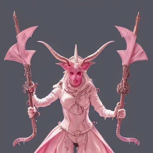 Image similar to cute pink tiefling demon bard performer, leather armor, rapier, pink skin, cute horns, violin, intricate, elegant, highly detailed, digital painting, artstation, concept art, smooth, sharp focus, illustration, art by artgerm and greg rutkowski and alphonse mucha