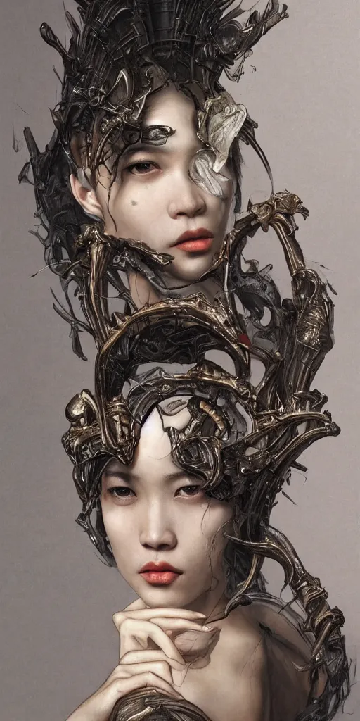 Image similar to Kiko Mizuhara, physically accurate, dramatic dynamic lighting, intricate, elegant, highly detailed, digital painting, artstation, very hyperrealistic, HR GIGER, Hieronymus Bosch, Francis Bacon, Tomas Sanchez, Renaissance, concept art, smooth, sharp focus, illustration, art by artgerm and greg rutkowski and alphonse mucha