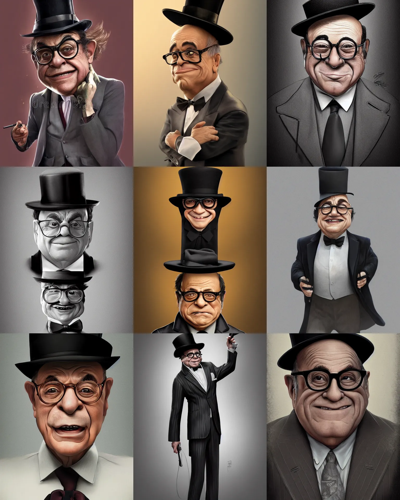 Prompt: Pencil Thin man in a bowler hat and suit who resembles danny devito as an Apex Legends character digital illustration portrait design by, Mark Brooks and Brad Kunkle detailed, gorgeous lighting, wide angle action dynamic portrait