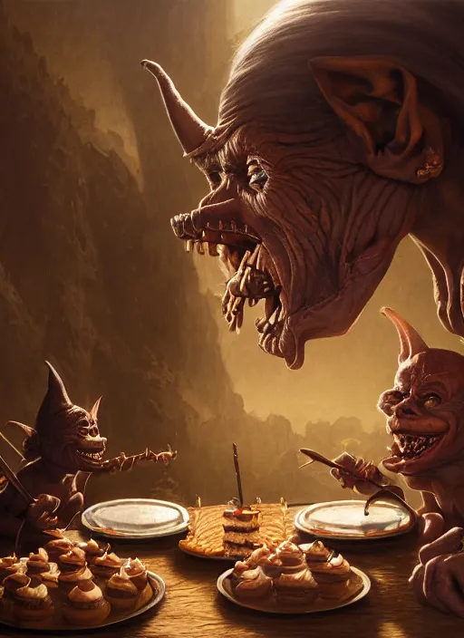 Image similar to highly detailed closeup portrait of a medieval goblin eating cakes, stephen bliss, unreal engine, greg rutkowski, ilya kuvshinov, ross draws, hyung tae and frank frazetta, tom bagshaw, tom whalen, nicoletta ceccoli, mark ryden, earl norem, global illumination, god rays, detailed and intricate environment