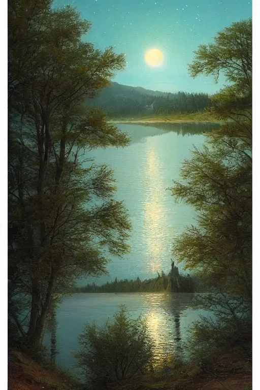 Image similar to fork lake, painted by darrell k. sweet and edd cartier, trending on artstation, moon light fish eye illustrator, bokeh, magic realism, dutch golden age, expressionism