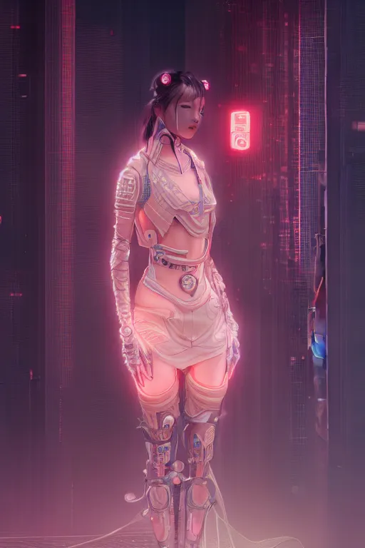 Image similar to portrait futuristic Samurai Girl, in future cyberpunk tokyo rooftop , ssci-fi, fantasy, intricate, very very beautiful, elegant, human anatomy, neon light, highly detailed, digital painting, artstation, concept art, smooth, sharp focus, illustration, art by tian zi and WLOP and alphonse mucha