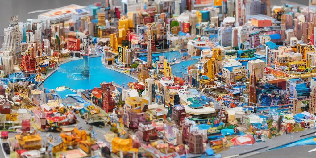 Image similar to a model of manhatten constructed out of fast food, diner food, pastries, coffee cups, plastic cups, straws, cardboard packaging, miniature photography, diorama, wide - angle macro lens, art, sharp focus, award - winning, beautiful high resolution