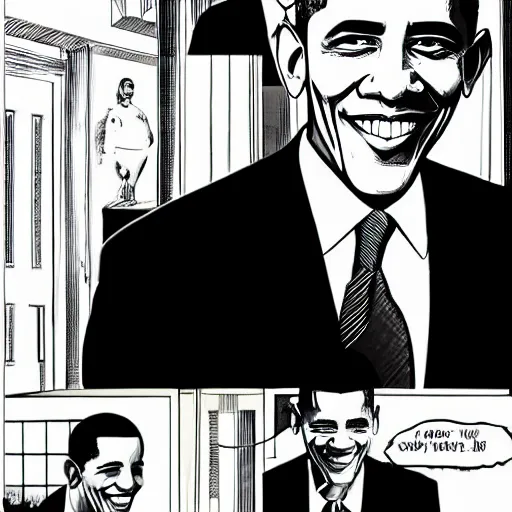 Prompt: president obama looking at the camera, symmetrical shot, drawn by dave gibbons