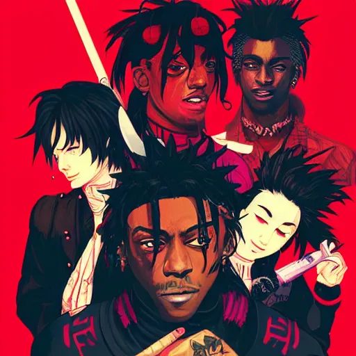 Prompt: Young Thug, Playboi Carti and Lil Uzi Vert, Ninja Scrolls, Gang, Pistol, Blood, red smoke, by Sachin Teng, by artgem, by Loish Trending on artstation