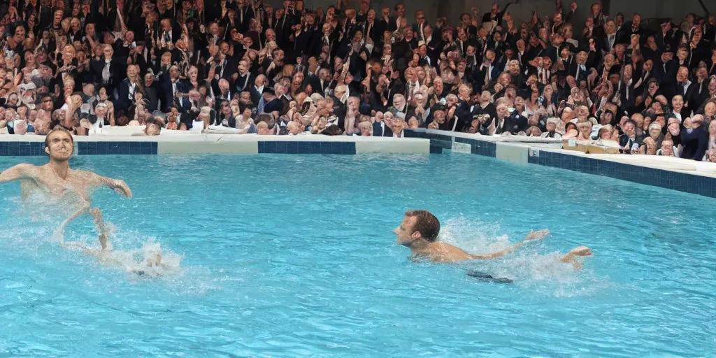 Image similar to macron swimming on a pool full or money