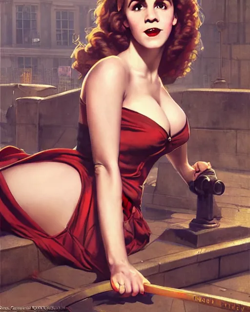 Image similar to pinup photo of hermione granger by emma watson in the crowded square of the city, by greg rutkowski, gil elvgren, enoch bolles, kezie demessance, glossy skin, pearlescent, very coherent, very detailed