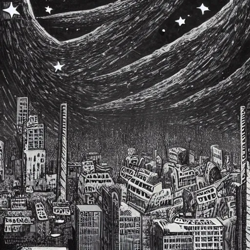 Prompt: Disturbingly huge demon apocalypse, terrorizing a city landscape with highrises, the sky is mystically full of stars and a night time setting and fires