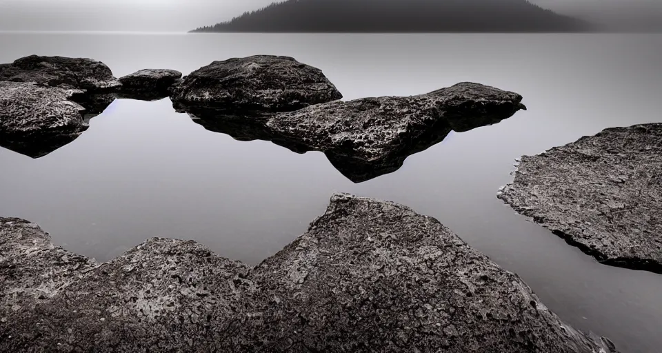 Prompt: extreme low angle camera lens partially submerged in water showing the surface of a lake with a rocky lake shore in the foreground, hexagonal rocks, geometric rocks, scene from a film directed by charlie kaufman ( 2 0 0 1 ), foggy volumetric light morning, extremely moody, cinematic shot on anamorphic lenses