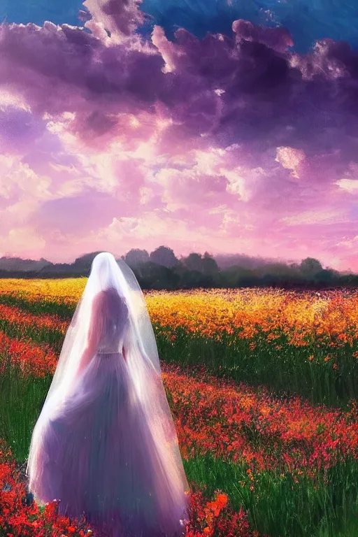 Image similar to giant white flower crown as head, veil girl walking in a flower field, surreal photography, sunrise, dramatic light, impressionist painting, colorful clouds, digital painting, artstation, simon stalenhag