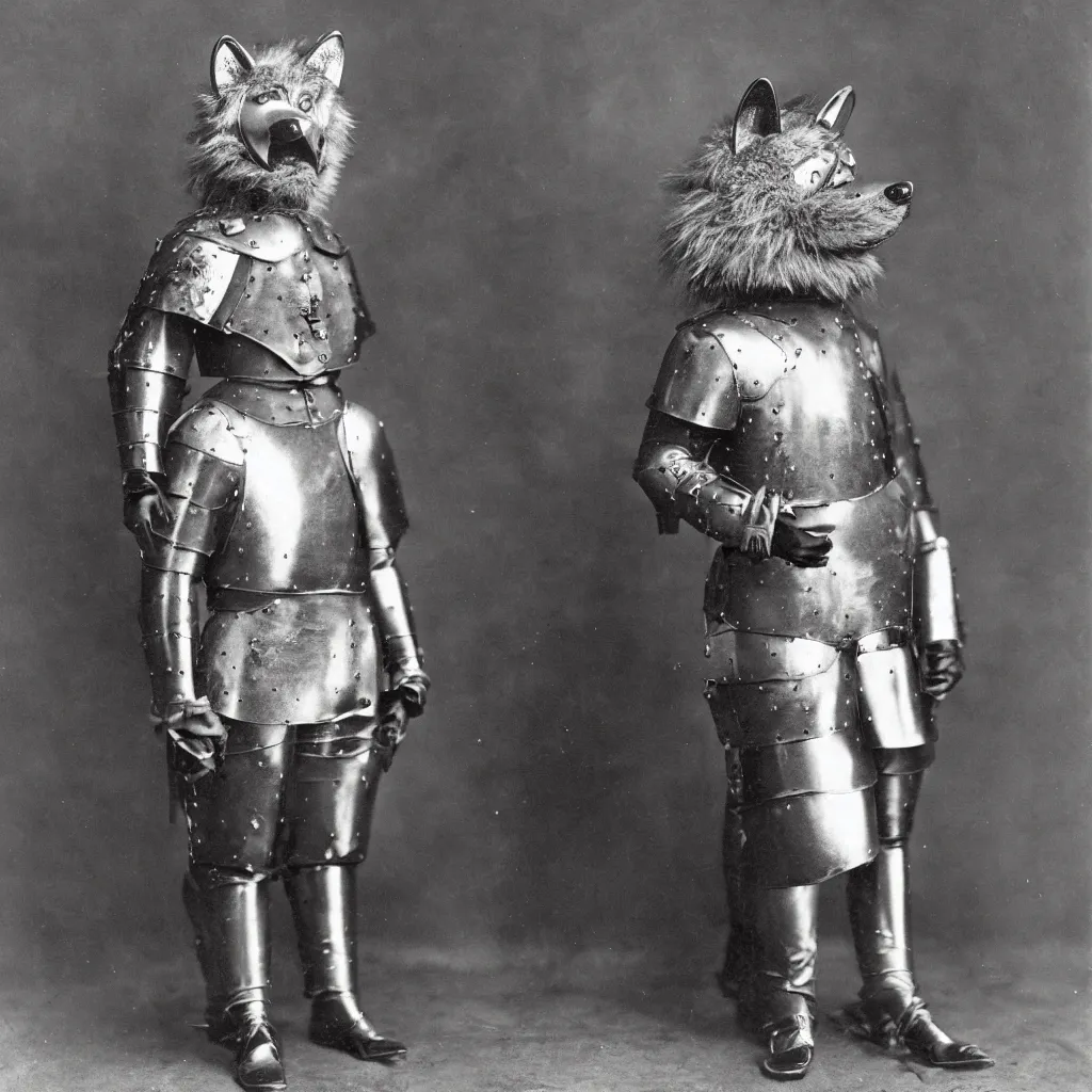 Image similar to anthropomorphic furry wolf in suit of armor, 1900s photograph