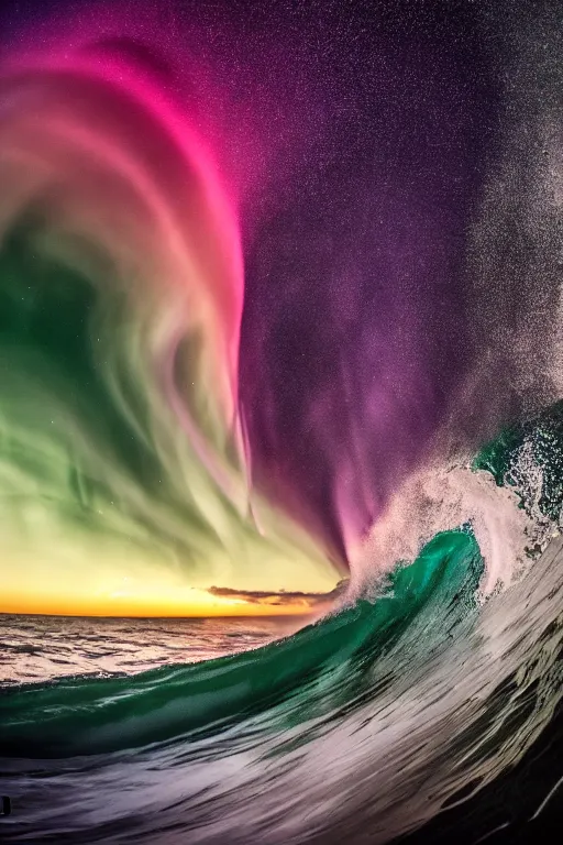 Prompt: dslr, insanely beautiful surf, sunset, aurora, billions of stars, insane details, flying dolphins, hyper reallistic, 8 k,, ultra clear detail, hdr, textured, award winning, professional photography