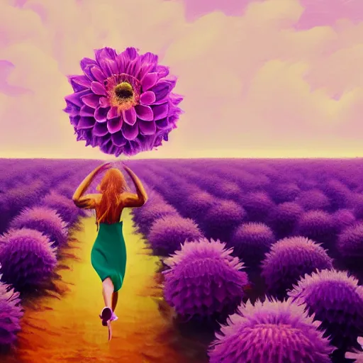 Image similar to portrait, giant purple dahlia flower head, woman running at orange beach, surreal photography, sunrise, blue sky, dramatic light, impressionist painting, digital painting, artstation, simon stalenhag