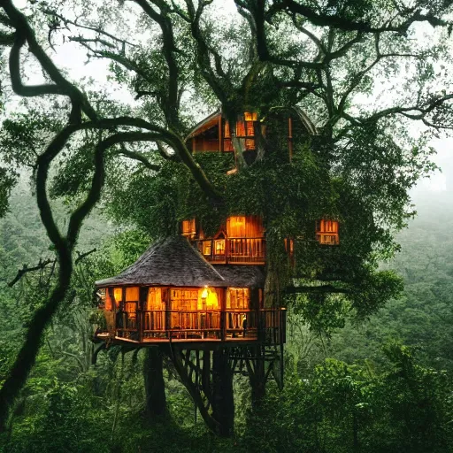 Image similar to a treehouse in a lush jungle during a thunderstorm in the evening