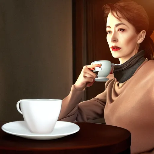 Image similar to stunning award winning hyperrealistic hdr 8 k highly detailed portrait photo of glados drinking tea