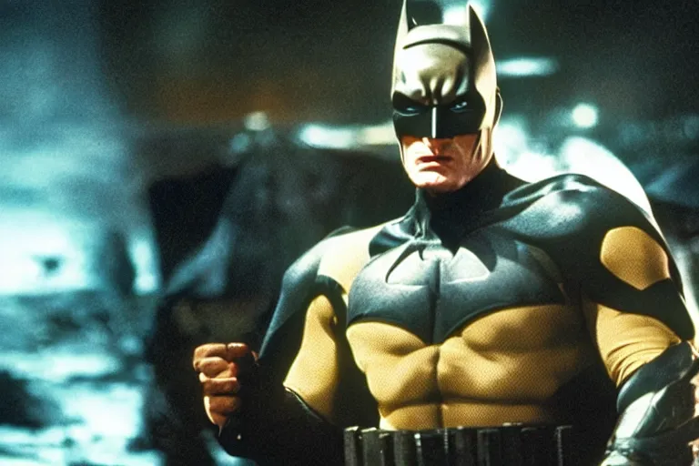 Image similar to film still of Dolph Lundgren as Batman in The Batman, 4k