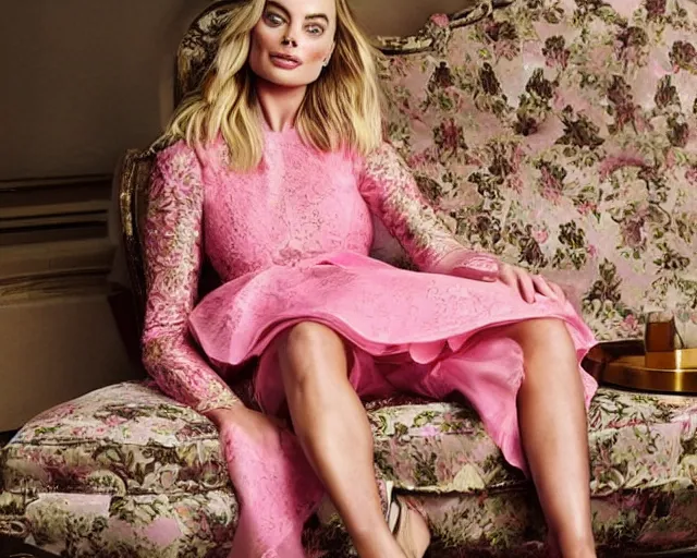 Image similar to margot robbie wearing a pink dress and leaning on a sofa, cinematic, detailed face, highly detailed, award winning photograph