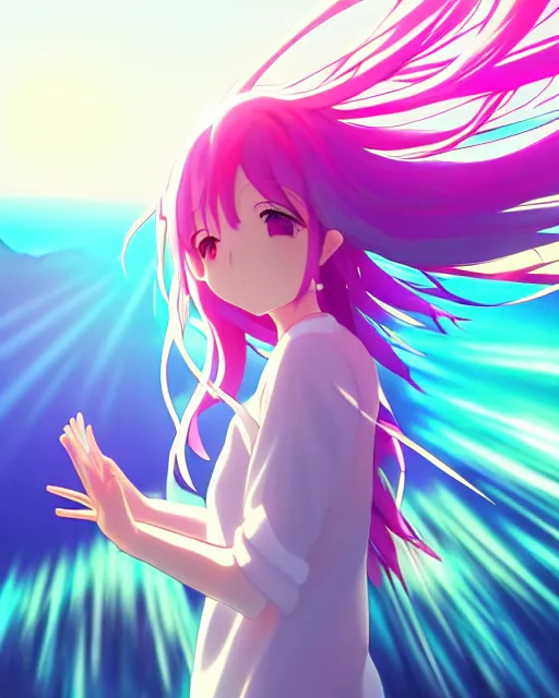 Image similar to anime style, vivid, expressive, full body, 4 k, a cute girl with white skin and long pink wavy hair singing a song, heavenly, stunning, realistic light and shadow effects, happy, centered, landscape shot, happy, simple background, studio ghibly makoto shinkai yuji yamaguchi