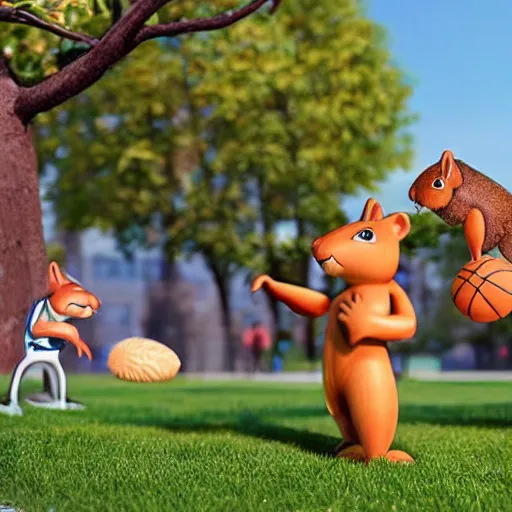 Image similar to three squirrels play basketball in a city park whilst a crowd of vegetables cheer from the side, realistic render