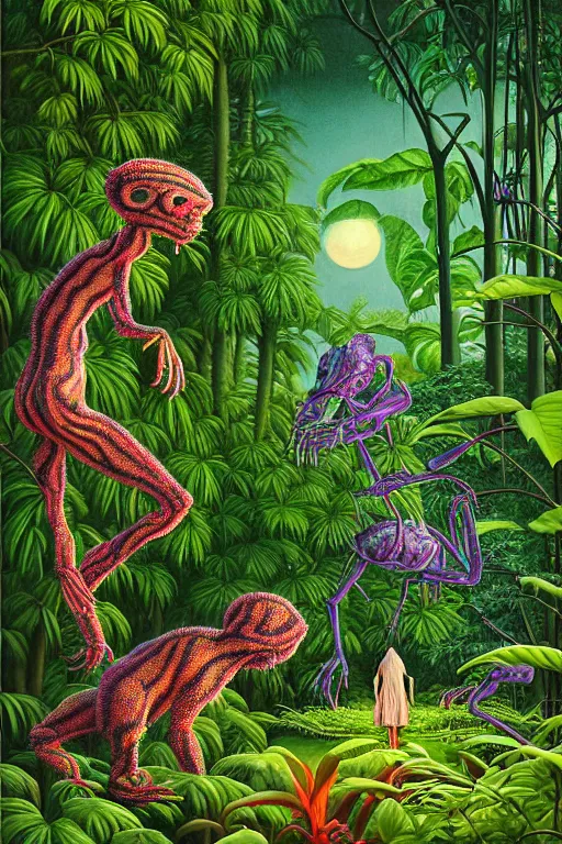 Image similar to a hyperrealistic painting of a tranquil evening at the botanical garden, creatures emerging from the thickets and bushes. cinematic horror by jimmy alonzo, the art of skinner, chris cunningham, lisa frank, richard corben, highly detailed, vivid color,