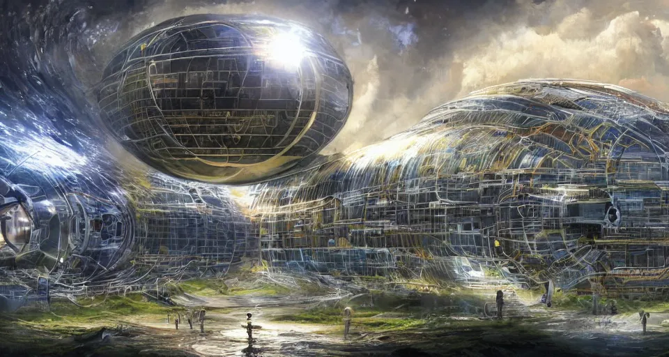 Image similar to detailed concept art of advance civilization human species researching on large hadron collider with cern particle accelerator sci - fi, digital, landscape, sci - fi, cinematic lighting