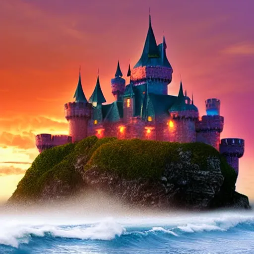 Image similar to Fantasy Castle on island surrounded by waves at sunset