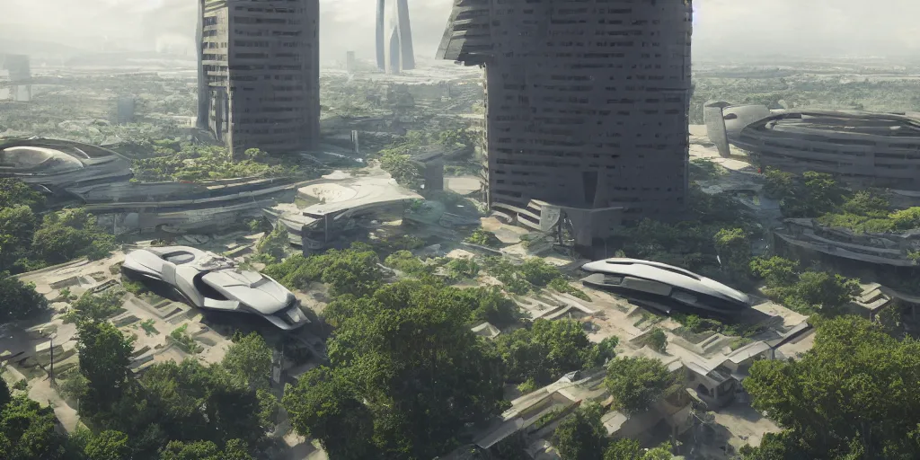 Image similar to futuristic spaceship, on the background brutalist architecture by Le Corbusier, abandoned buildings, empty streetscapes, surrounded by lush green vegetation, ground-level view, puddles of water, stunning volumetric lighting, sunset, trending on Artstation, 8k, photorealistic, nvidia ray tracing, hyper detailed, unreal engine 5, cinematic, epic lighting, cryengine, octane render, cyberpunk, red and orange glow, dark, gloomy