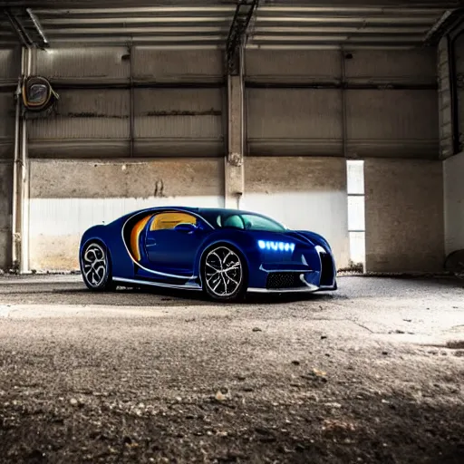 Image similar to an abandoned, derelict, ( really rusty ) bugatti chiron in a dirty warehouse