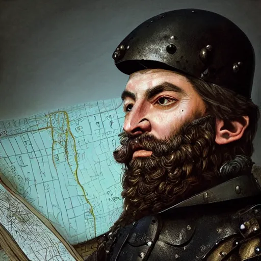 Image similar to Closeup of frustrated and acerbic male medieval sergeant with a {short} beard wearing a {black!!!! and yellow tabard} over a steel breastplate and a black gambeson looking up from a map on a table, intricate, dramatic lighting illustration by Greg Rutkowski, {perfect face}, {perfect eyes}, fantasy