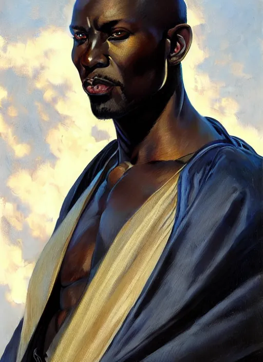 Prompt: portrait of an African man, glowing blue eyes!! muscular, black leather robes! intricate, elegant, highly detailed, digital painting, artstation, concept art, smooth, sharp focus, illustration, art by artgerm and greg rutkowski and alphonse mucha