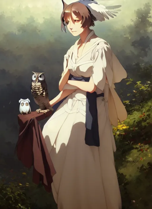 Prompt: florence nightingale with her pet owl in the pocket of her apron, trending on pixiv fanbox, painted by greg rutkowski makoto shinkai takashi takeuchi studio ghibli