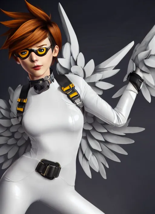 Image similar to portrait bust digital artwork of tracer overwatch, wearing white iridescent rainbow latex and leather straps catsuit outfit, 4 k, expressive happy smug expression, makeup, in style of mark arian, angel wings, wearing detailed black leather collar, chains, black leather harness, detailed face and eyes,