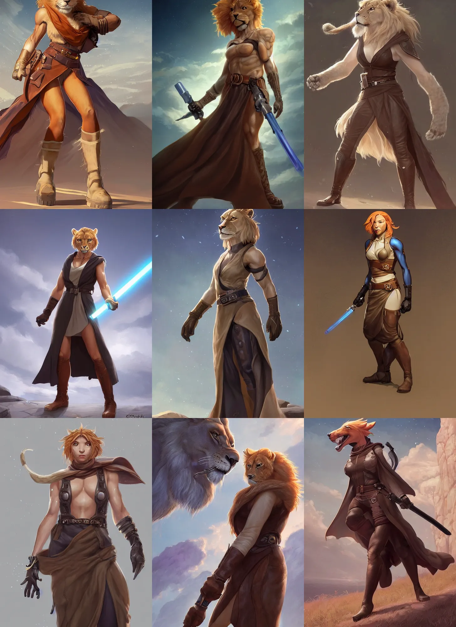 Prompt: beautiful portrait of a strong female anthropomorphic lioness fursona with muscles wearing a sleeveless jedi robe. hand on hip. leather gloves. leather boots. leather belt. character design by charlie bowater, ross tran, artgerm, and makoto shinkai, detailed, soft lighting, rendered in octane