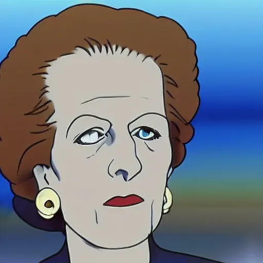 Image similar to A still of Margaret Thatcher in a 1990s anime