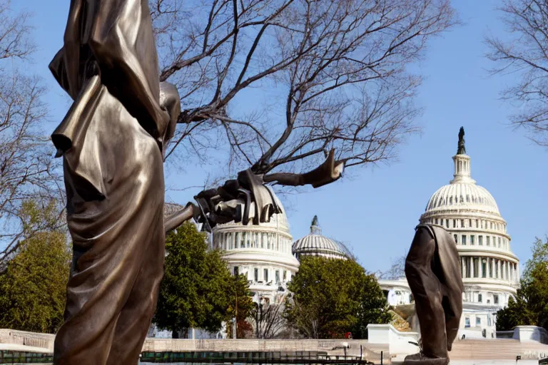 Prompt: A large dollar sign statue outside of the United States Capitol, 4k, award winning photo