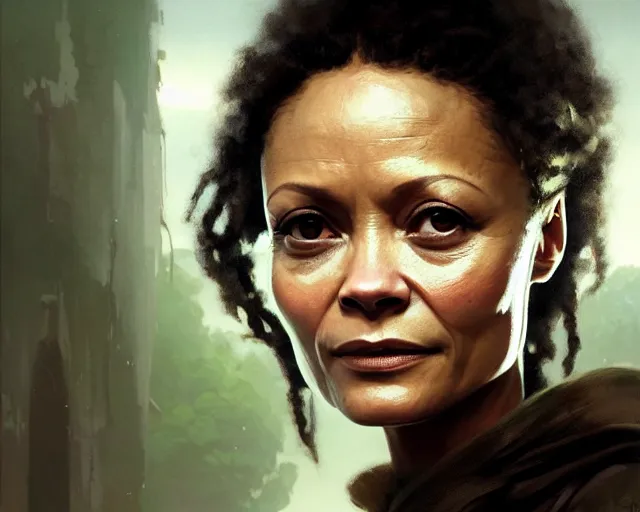 Image similar to highly detailed portrait of thandie newton in the walking dead, stephen bliss, unreal engine, fantasy art by greg rutkowski, loish, rhads, ferdinand knab, makoto shinkai and lois van baarle, ilya kuvshinov, rossdraws, tom bagshaw, global illumination, radiant light, detailed and intricate environment