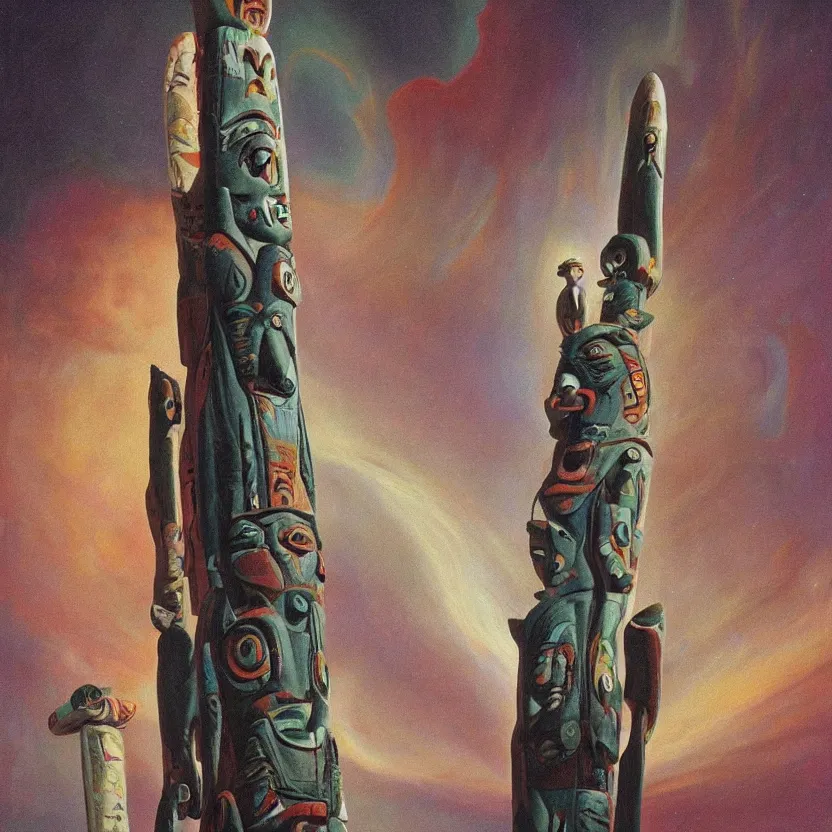 Prompt: painting of a futuristic totem pole. pulp sci - fi art for omni magazine. high contrast. dark background. baroque period, oil on canvas. renaissance masterpiece. muted colors, soft gradients trending on artstation. retrofuturism.