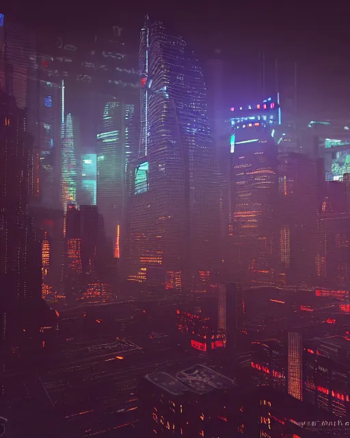 Image similar to cyberpunk scifi scene of san franscisco at night, aerial view, craft flying by, artstation, matt painting, very detailed, maximalism, ambient occlusion, volumetric light, atmospheric haze, unreal engine, hyper realism, realistic shading, cinematic composition, realistic render, octane render, detailed textures, photorealistic, wide shot